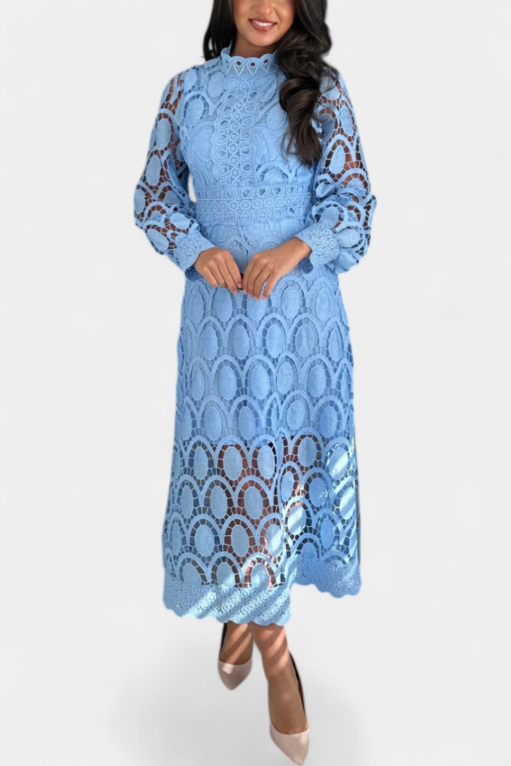 Jovie | Vestido Midi de Encaje Bordado con Cuello Alto