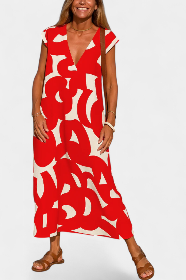 Asela | Vestido Casual con Escote en V y Estampado Mixi