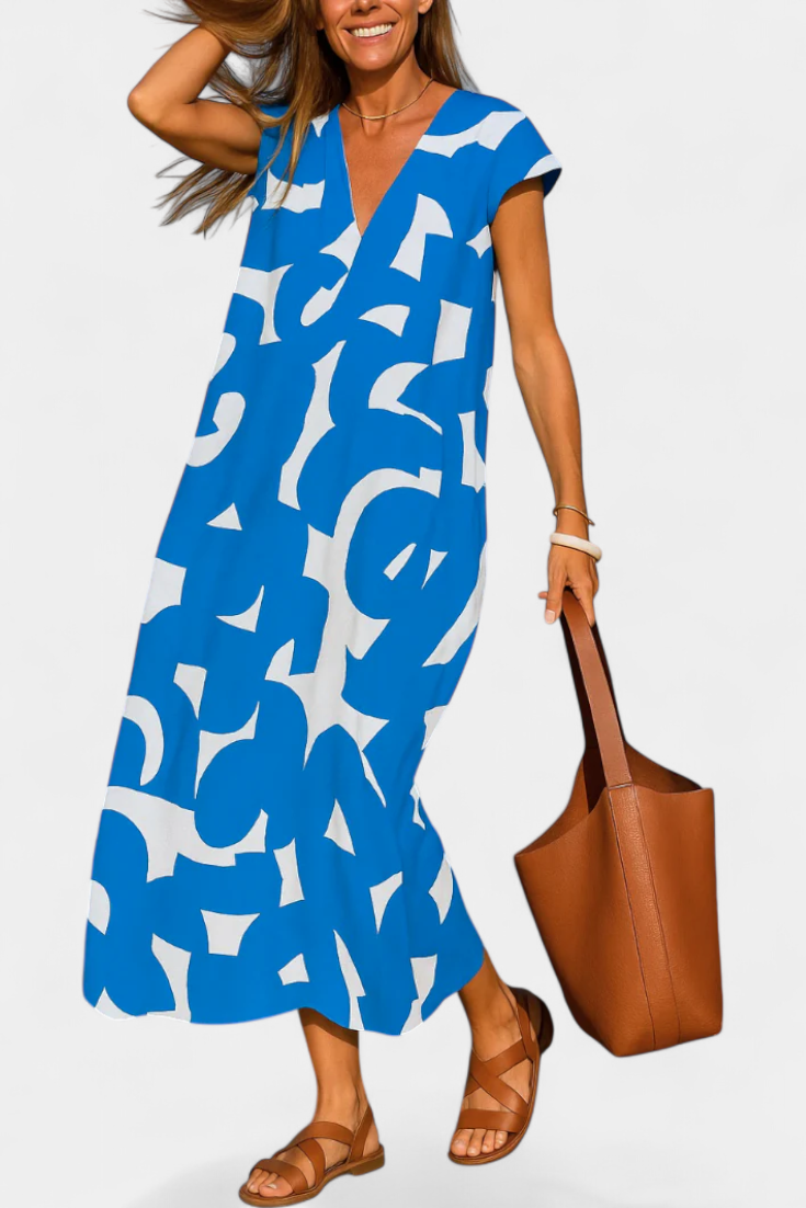 Asela | Vestido Casual con Escote en V y Estampado Mixi