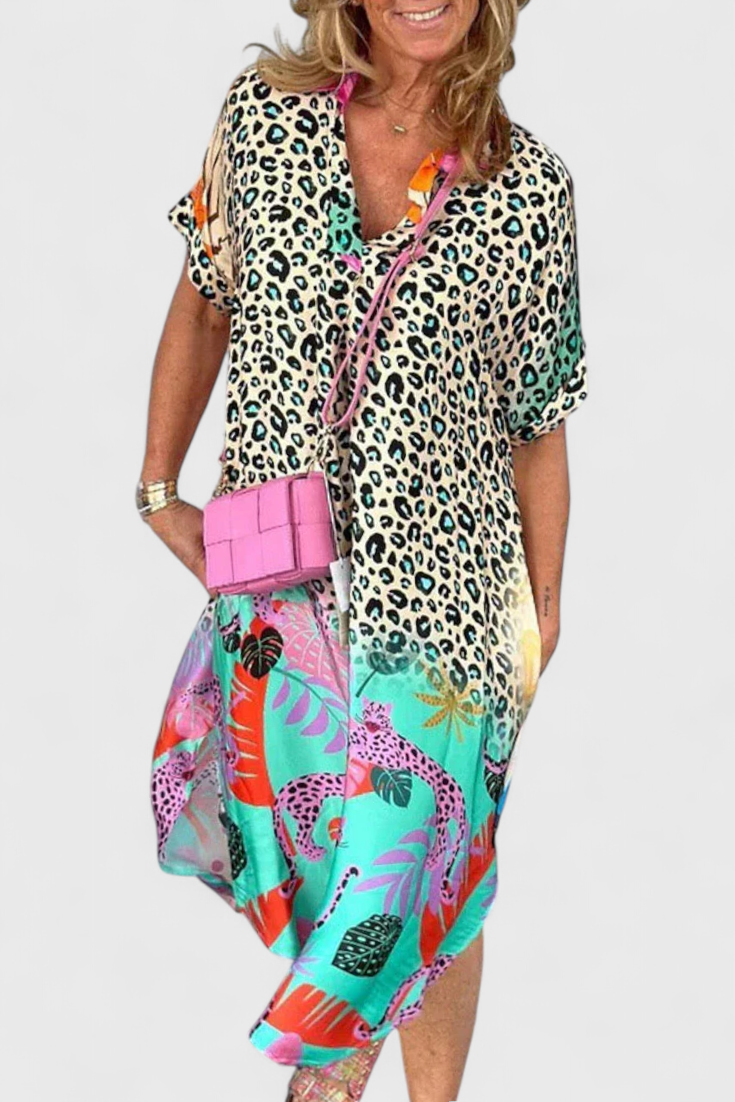 Gala | Vestido Boho Casual con Estampado de Leopardo y Escote en V