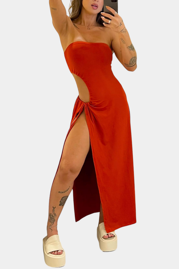 Teuta | Vestido Sin Tirantes con Lazo Lateral y Abertura Alta