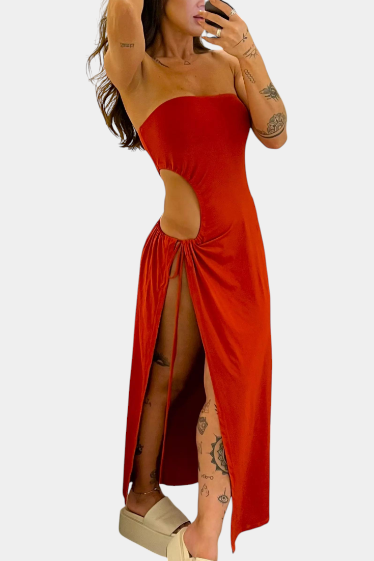 Teuta | Vestido Sin Tirantes con Lazo Lateral y Abertura Alta