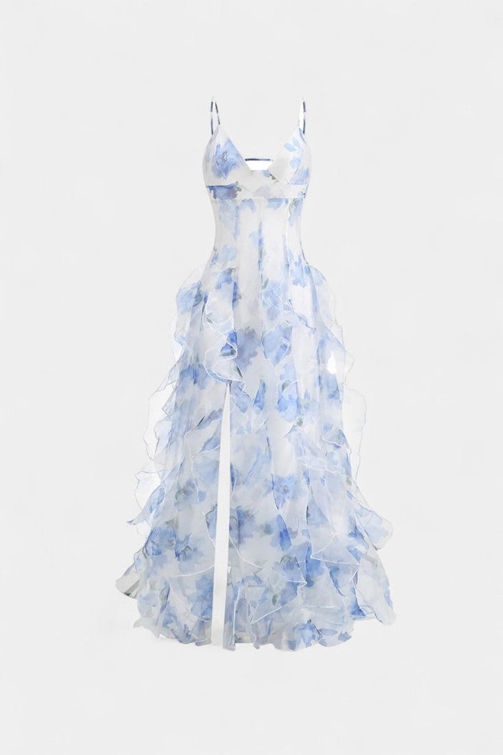 Bonnie | Vestido Maxi Cortado con Volantes de Flores