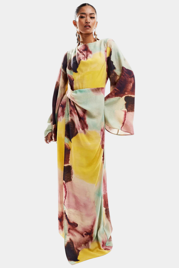 Dana | Vestido Maxi de Acuarela con Frontal Torcido