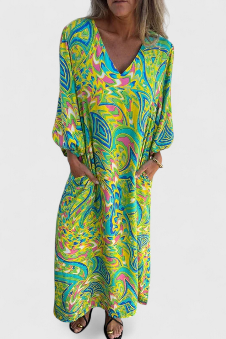 Carmina | Vestido Maxi Bohemio con Escote en V y Estampado Abstracto