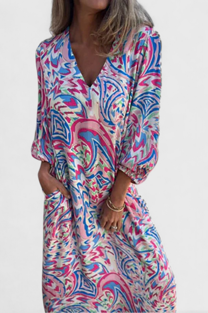 Carmina | Vestido Maxi Bohemio con Escote en V y Estampado Abstracto