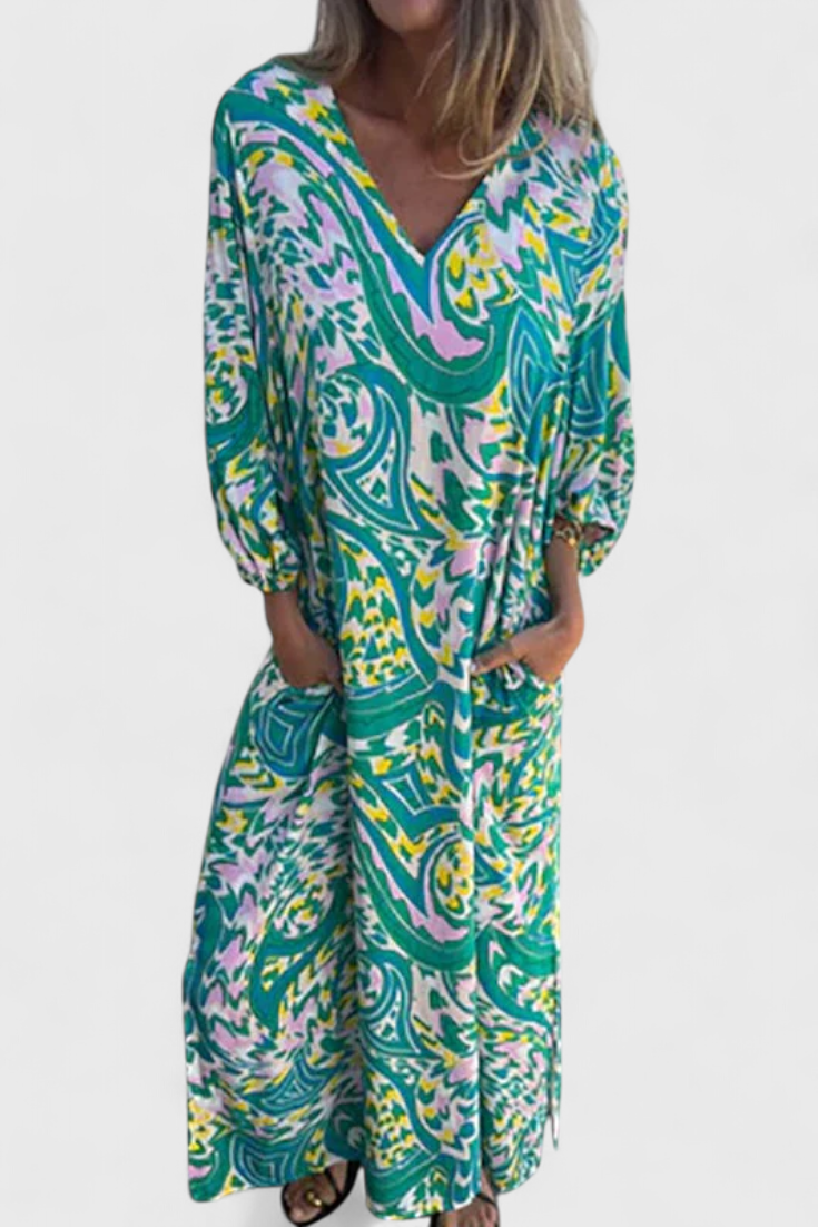 Carmina | Vestido Maxi Bohemio con Escote en V y Estampado Abstracto