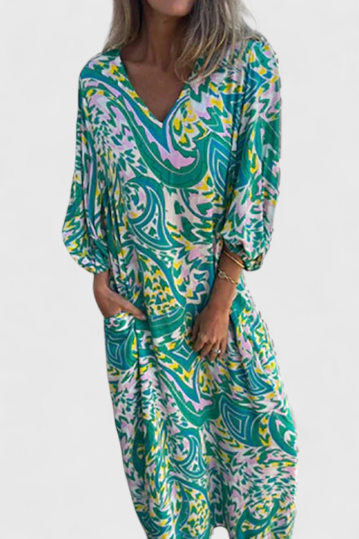 Carmina | Vestido Maxi Bohemio con Escote en V y Estampado Abstracto