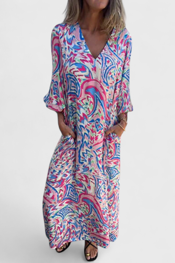 Carmina | Vestido Maxi Bohemio con Escote en V y Estampado Abstracto