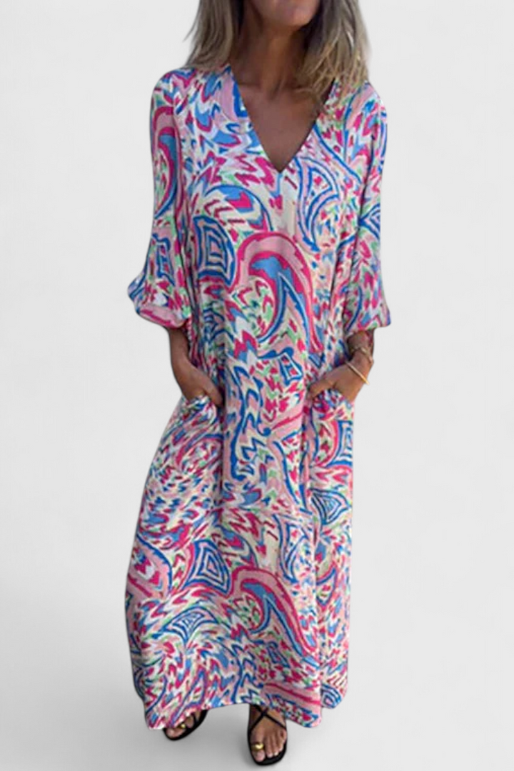 Carmina | Vestido Maxi Bohemio con Escote en V y Estampado Abstracto