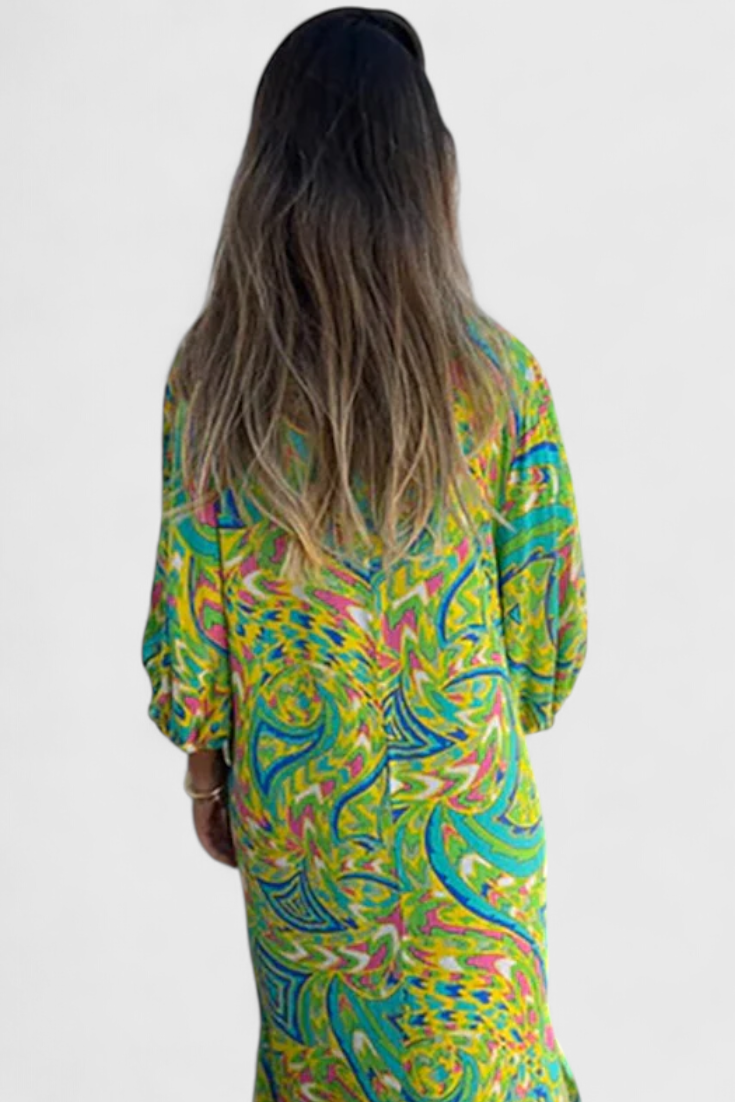 Carmina | Vestido Maxi Bohemio con Escote en V y Estampado Abstracto