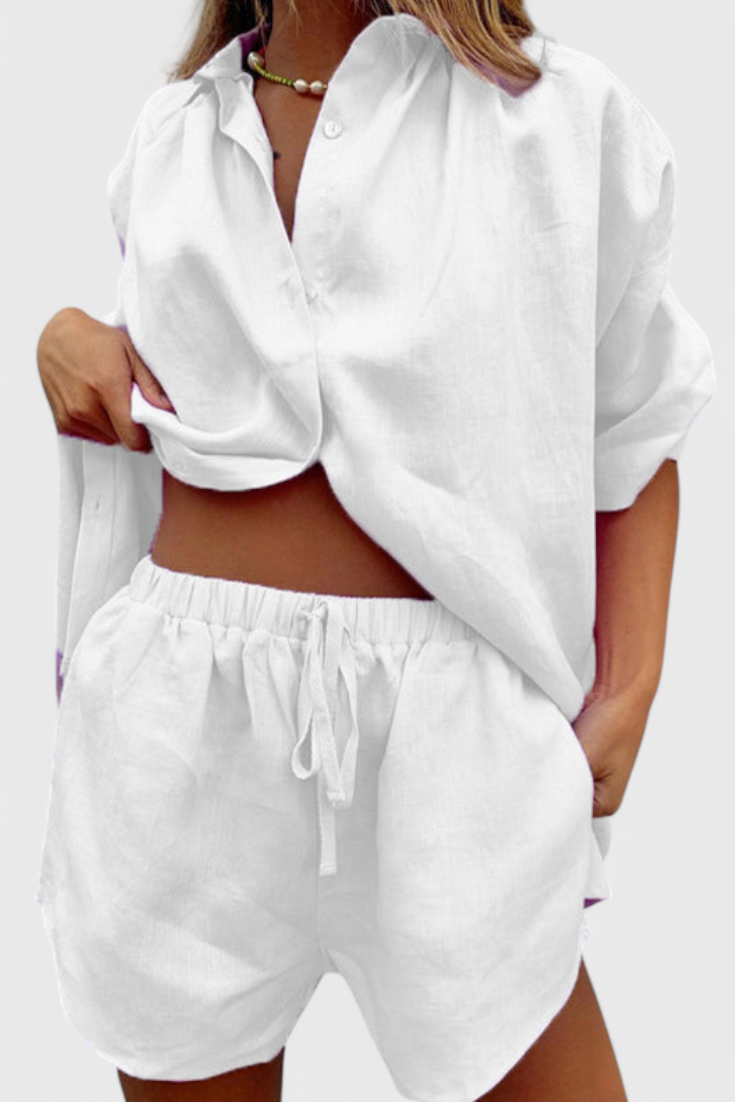 Anika | Conjunto de Dos Piezas con Camisa de Botones y Pantalones Cortos con Cuerda