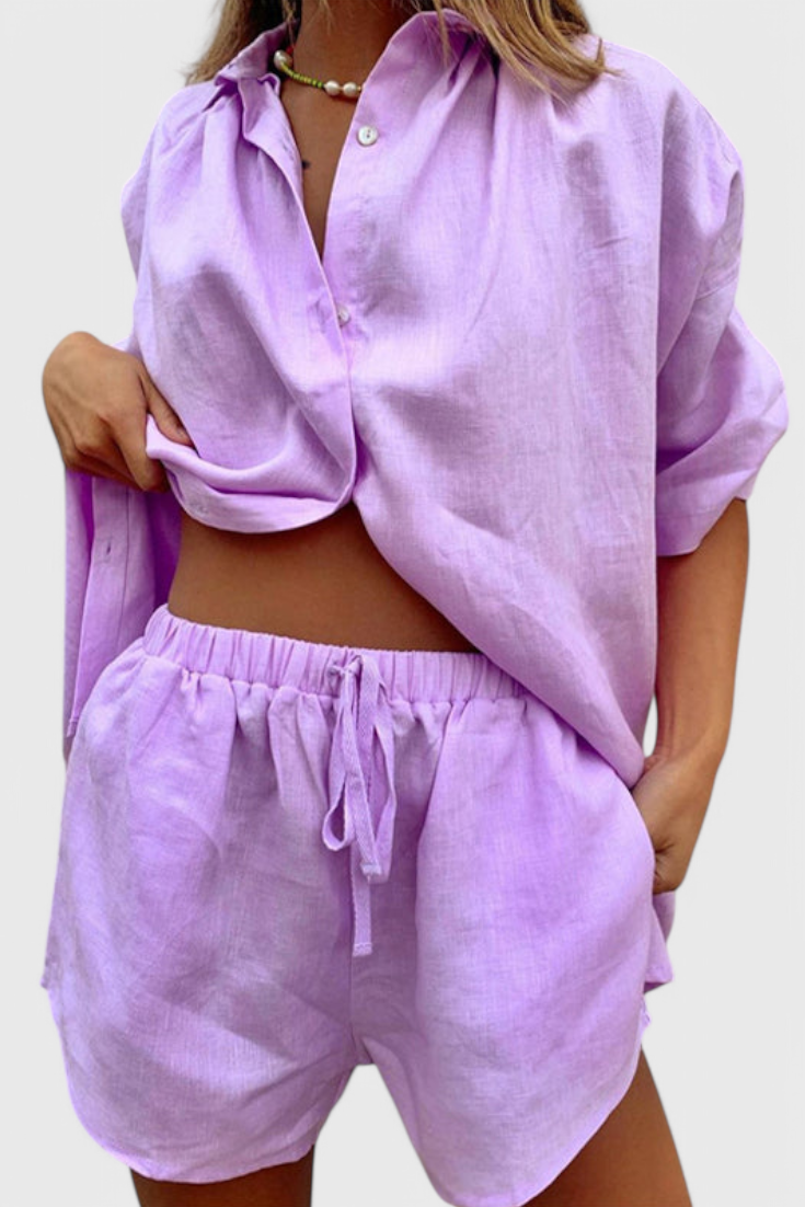 Anika | Conjunto de Dos Piezas con Camisa de Botones y Pantalones Cortos con Cuerda