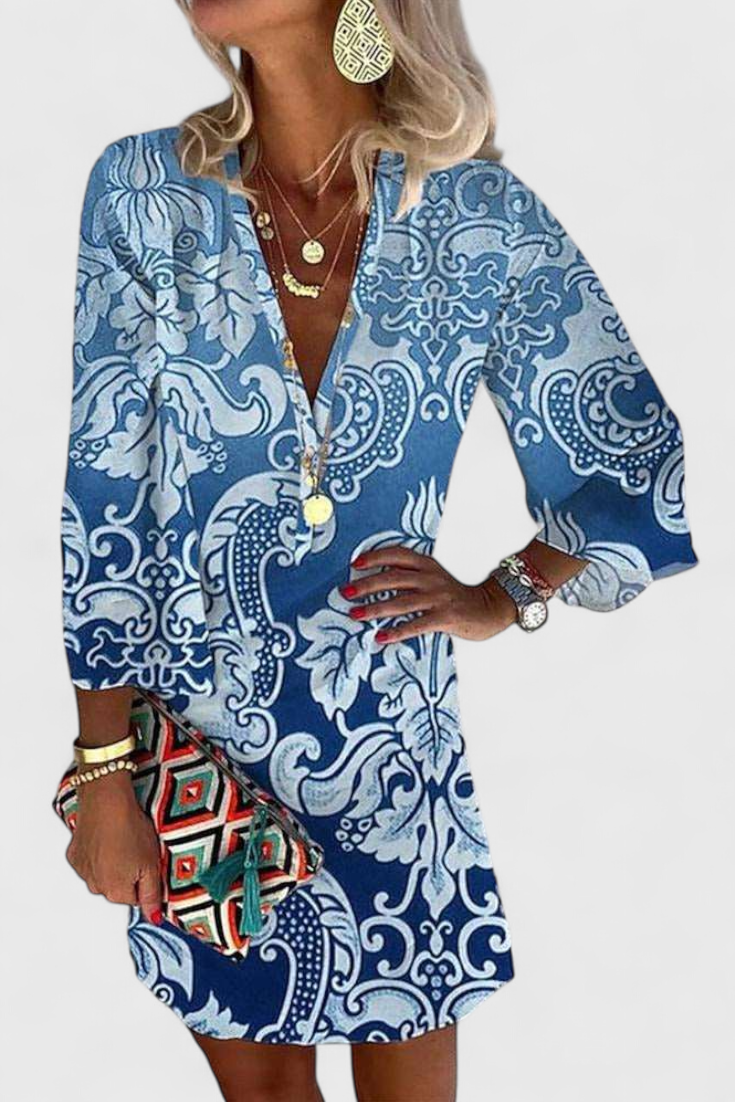 Rufina | Vestido Mini Azul con Escote en V y Manga Larga