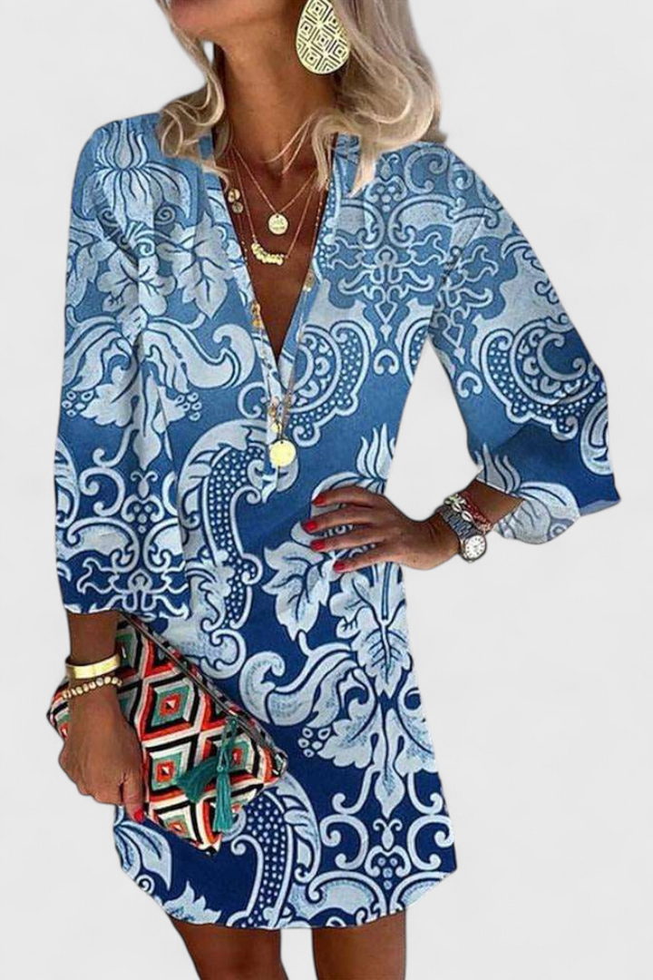 Rufina | Vestido Mini Azul con Escote en V y Manga Larga