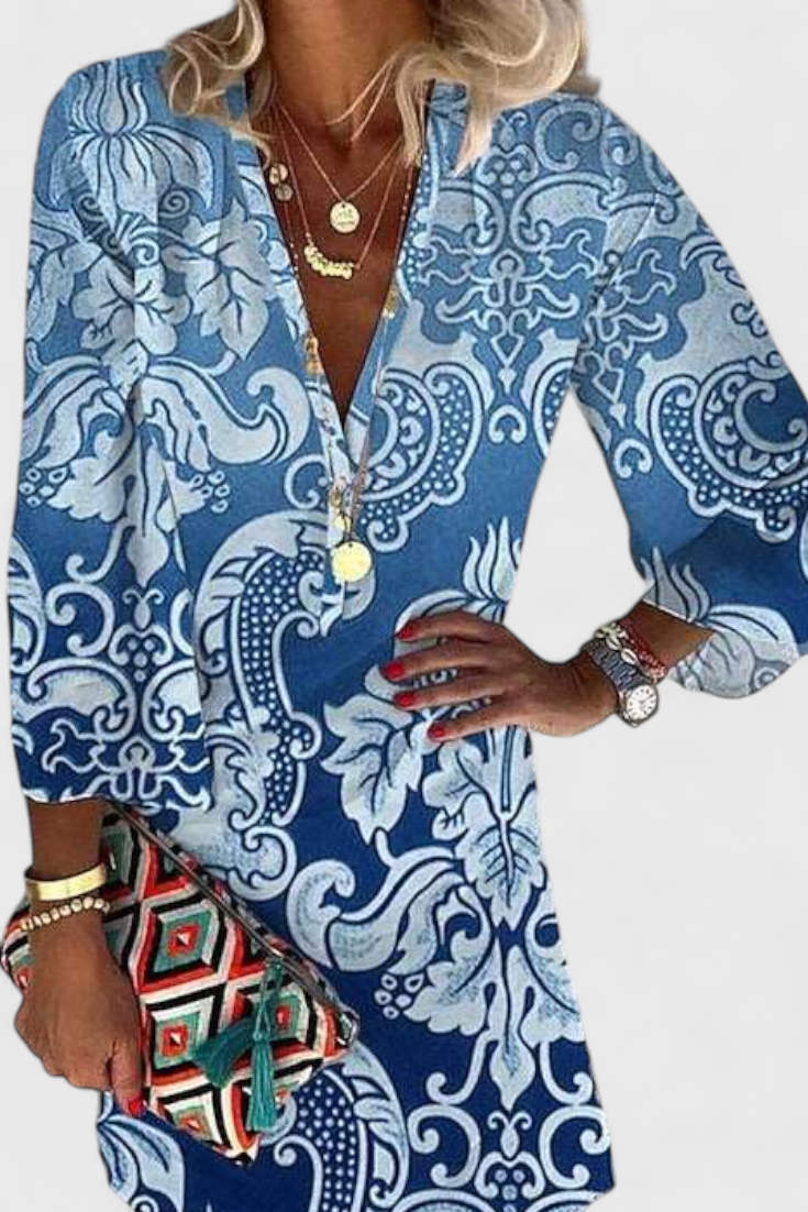 Rufina | Vestido Mini Azul con Escote en V y Manga Larga