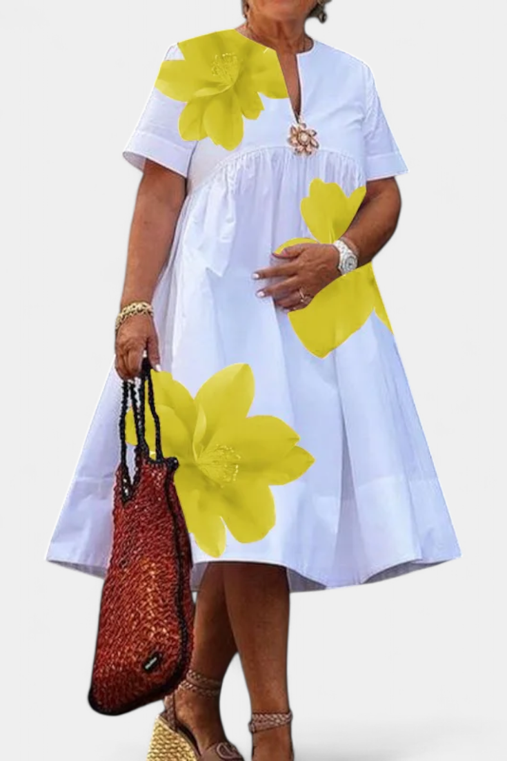 Yulia | Vestido Midi Floral con Pliegues y Escote en V