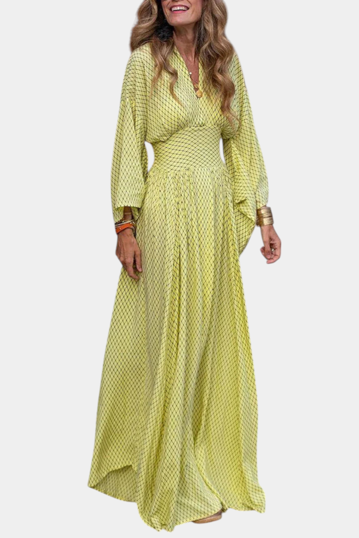 Anelia | Vestido Maxi Geométrico con Escote en V