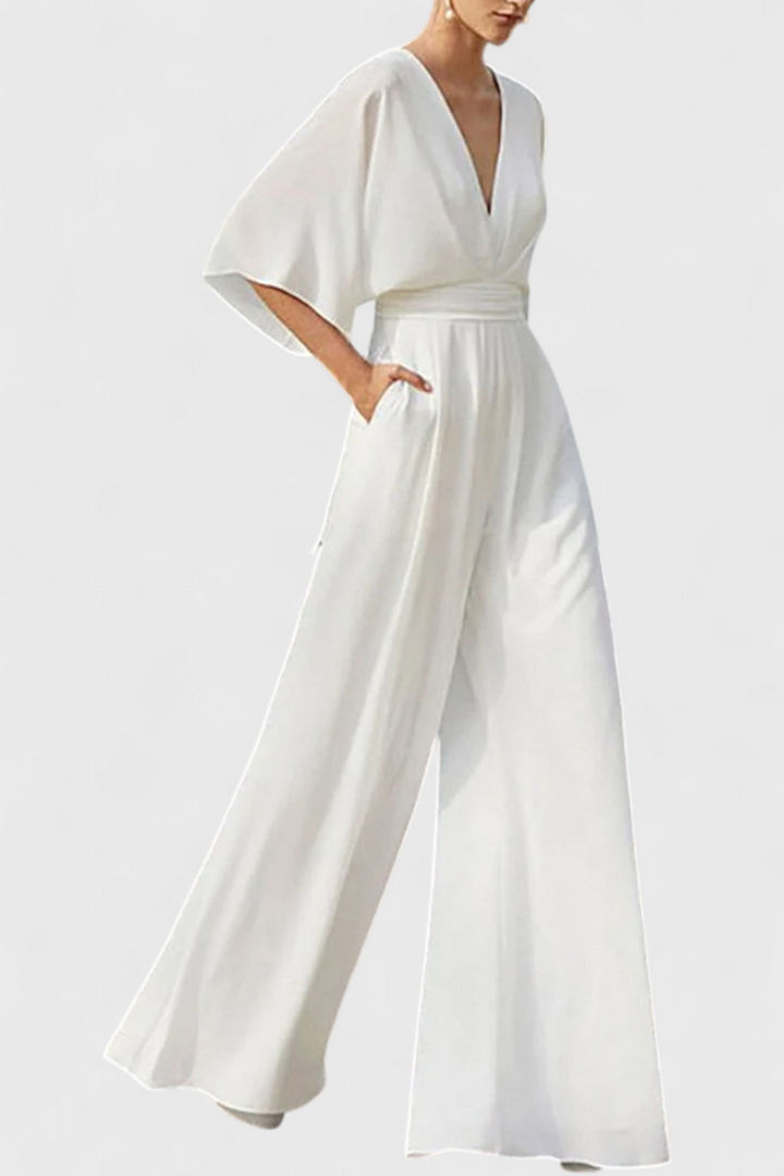 Isaura | Mono Blanco Elegante de Pierna Ancha y Cuello en V