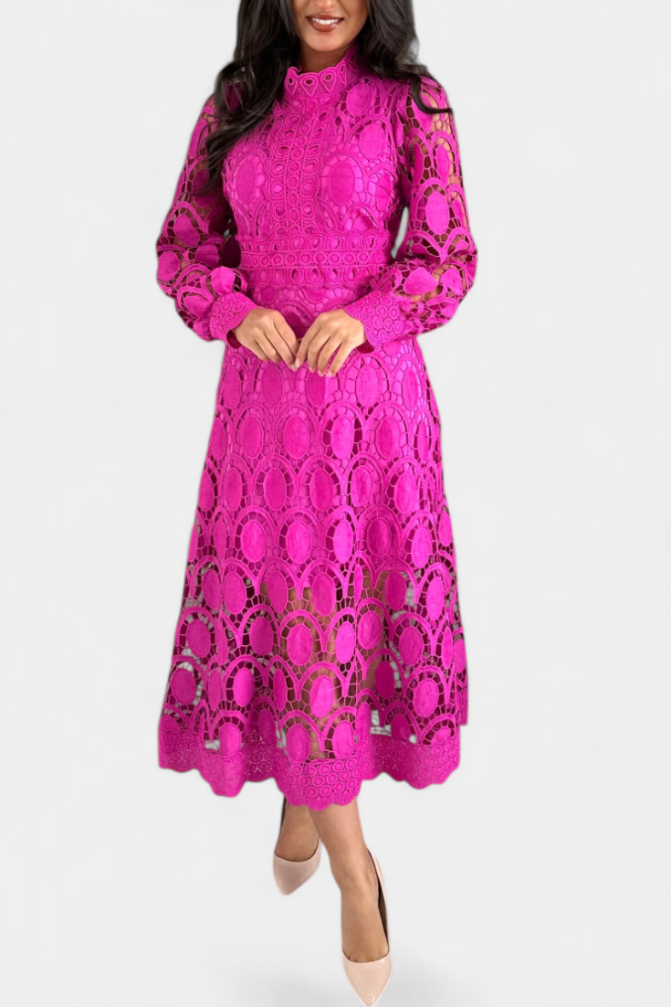 Jovie | Vestido Midi de Encaje Bordado con Cuello Alto