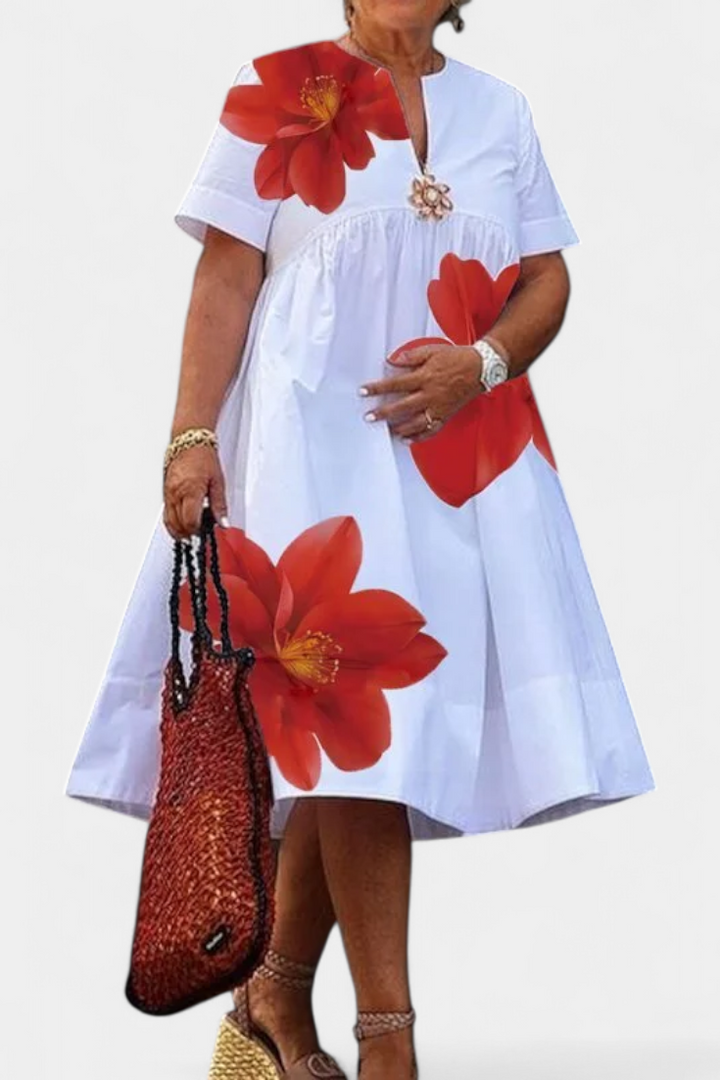 Yulia | Vestido Midi Floral con Pliegues y Escote en V