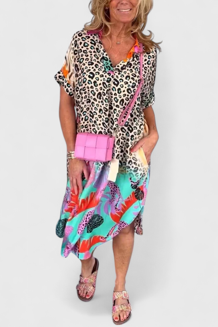 Gala | Vestido Boho Casual con Estampado de Leopardo y Escote en V