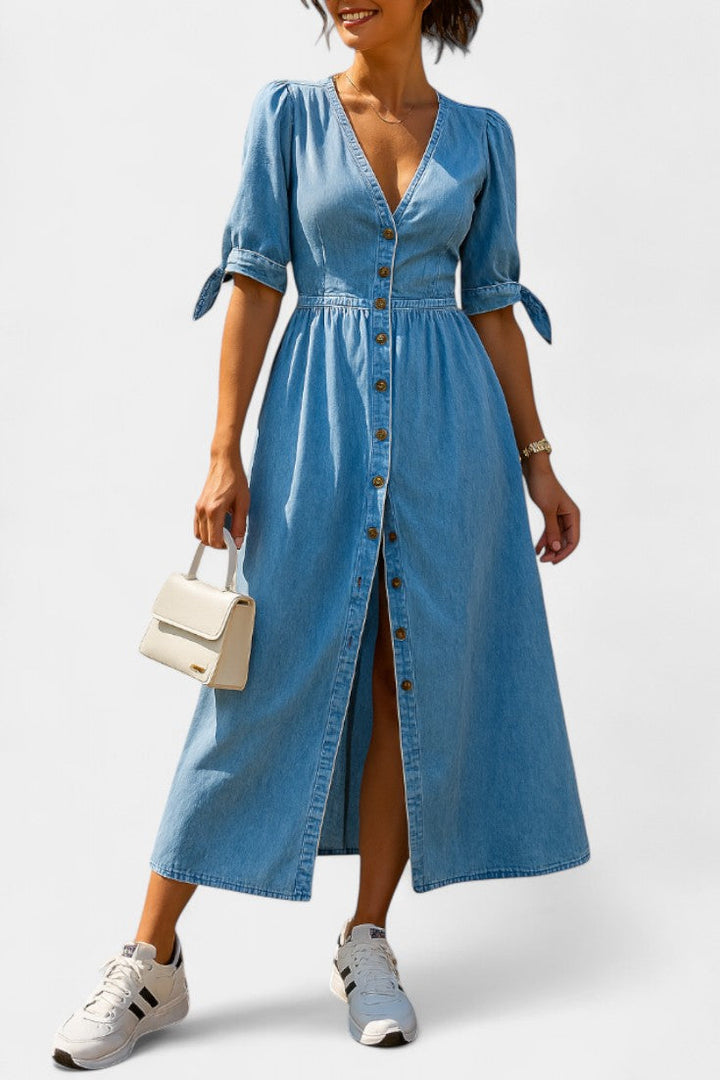 Adelina | Vestido Midi de Denim con Botones y Escote en V