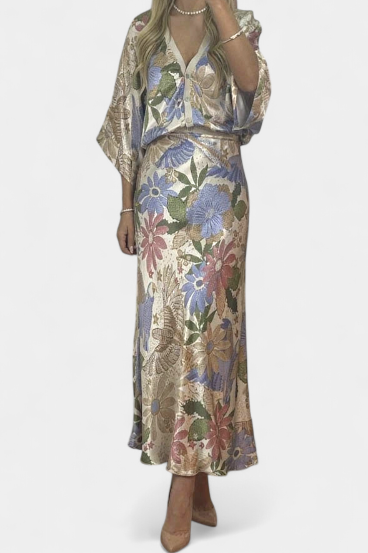 Shae | Conjunto Suave de Blusa y Falda de Cola de Pez Floral