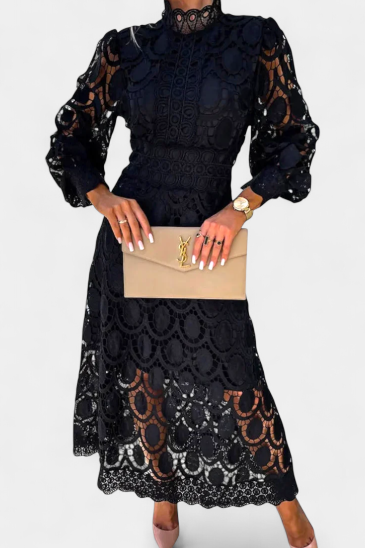 Jovie | Vestido Midi de Encaje Bordado con Cuello Alto