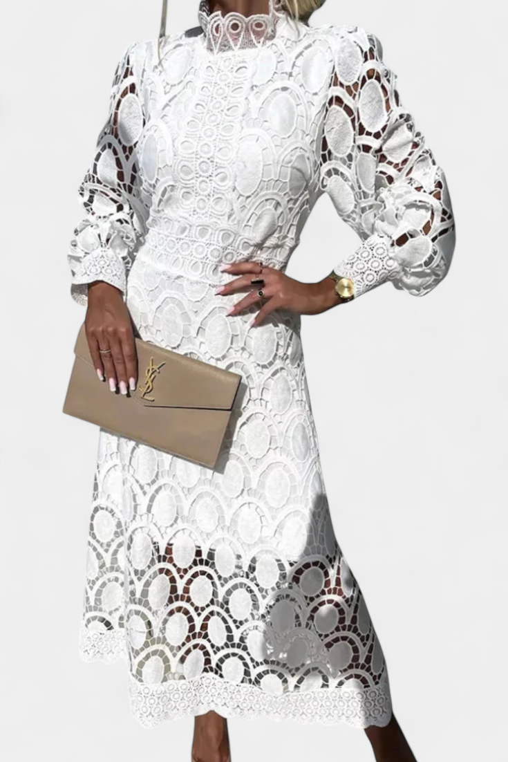 Jovie | Vestido Midi de Encaje Bordado con Cuello Alto
