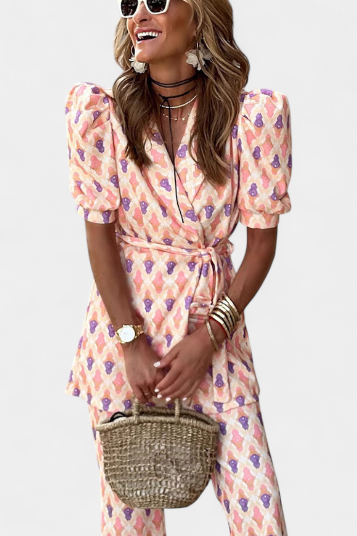 Araceli | Conjunto Estampado con Blazer y Pantalón Acampanado