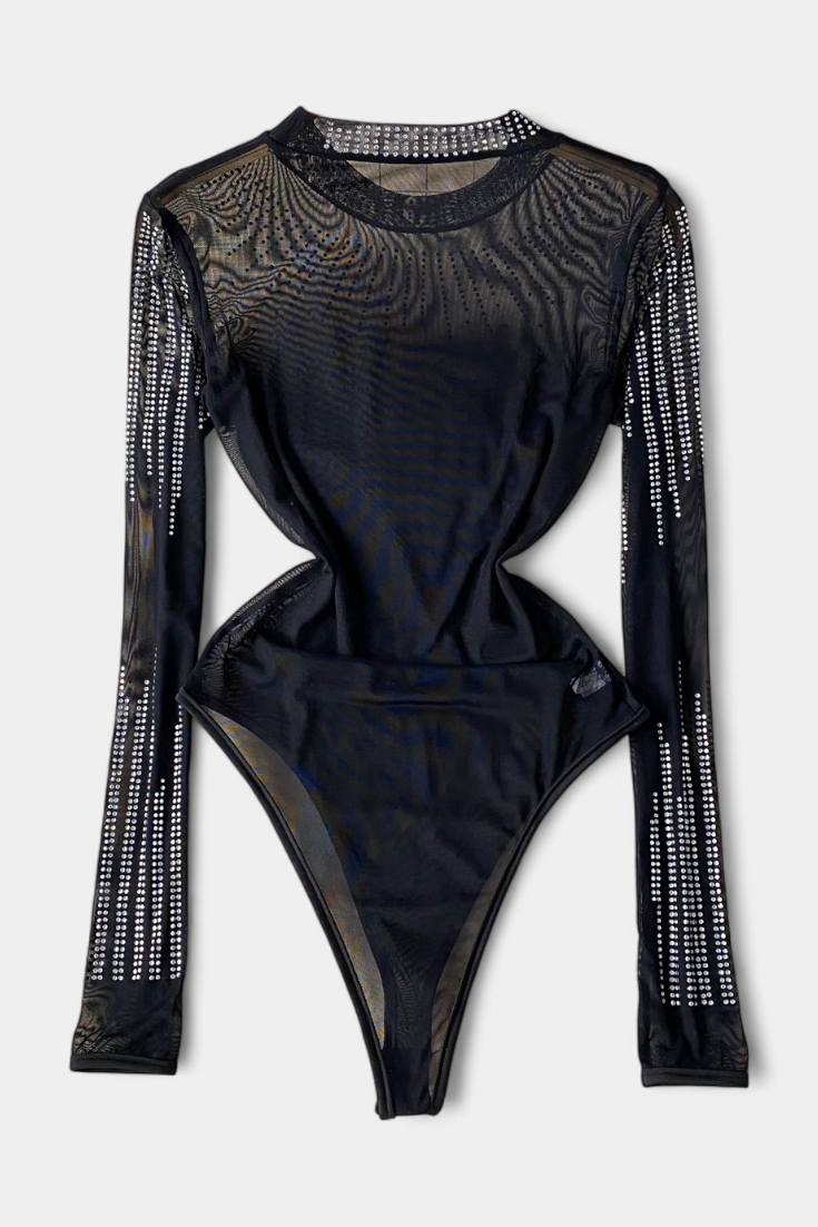 Antonella | Body de Malla Transparente con Mangas Largas y Brillos