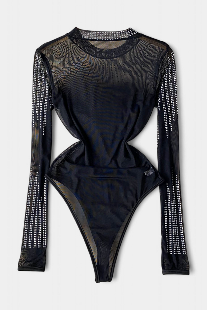 Antonella | Body de Malla Transparente con Mangas Largas y Brillos