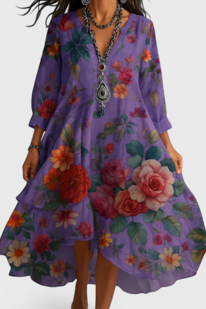 Nerea | Vestido Boho Vintage con Estampado Floral y Cuello en V