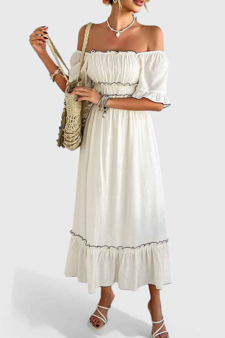 Noémie | Vestido Midi Sin Hombros con Volantes en Mezcla de Algodón