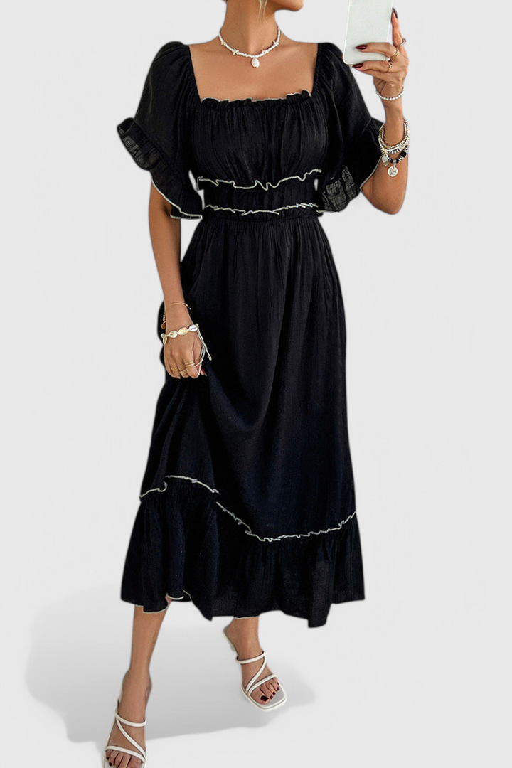 Noémie | Vestido Midi Sin Hombros con Volantes en Mezcla de Algodón