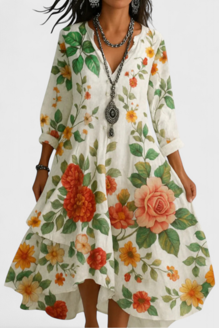 Nerea | Vestido Boho Vintage con Estampado Floral y Cuello en V