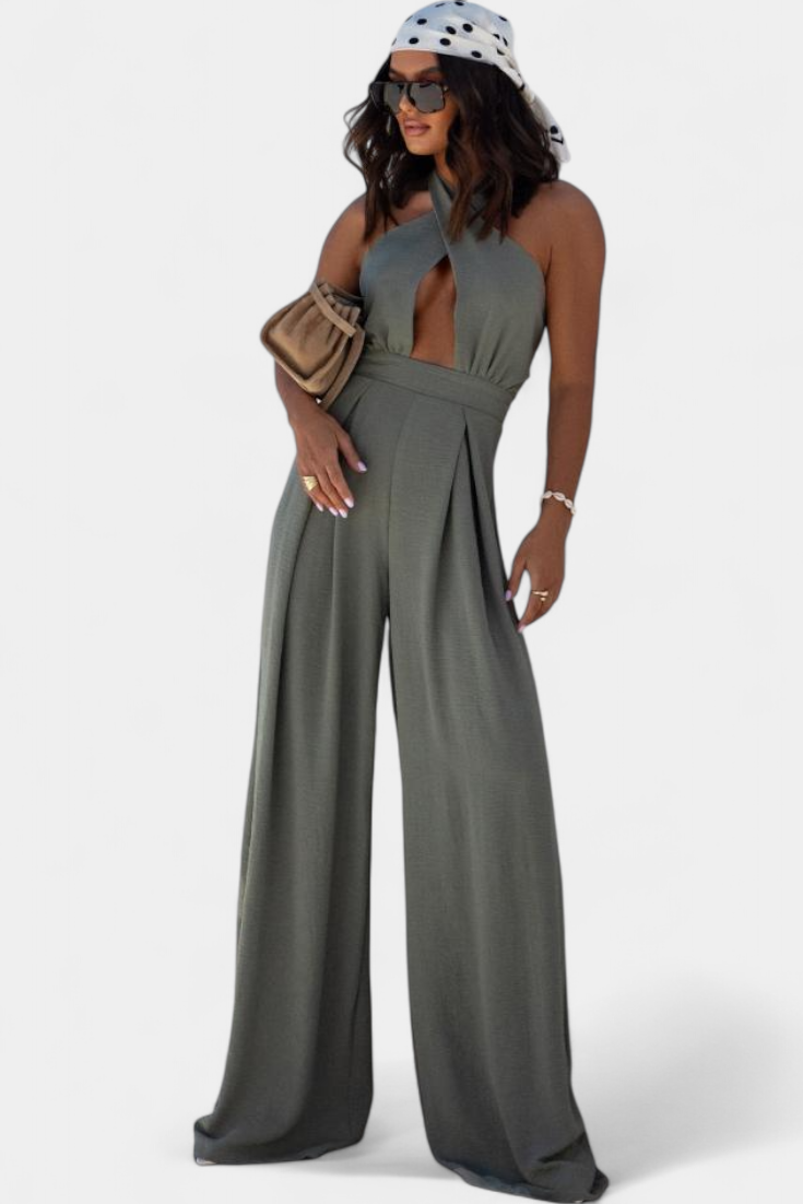 Jessica | Mono Halter Cruzado sin Espalda y Pierna Ancha