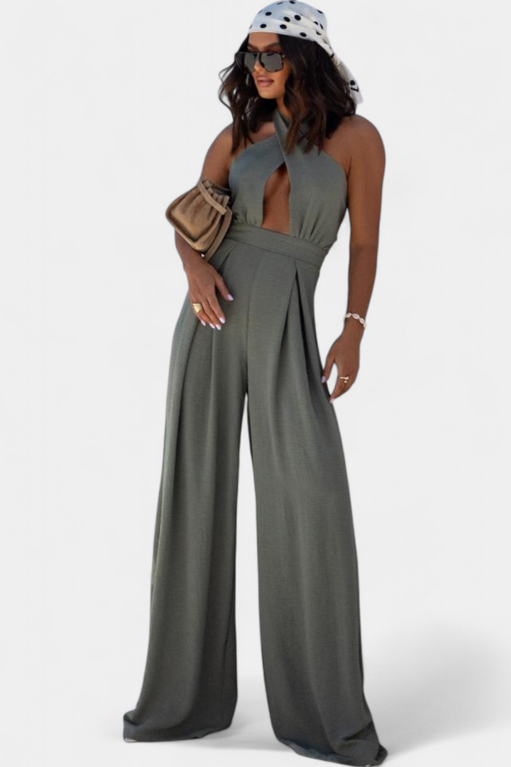 Jessica | Mono Halter Cruzado sin Espalda y Pierna Ancha