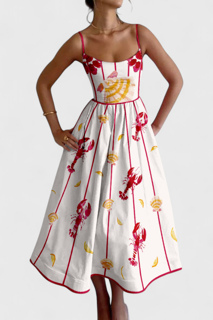 Maricela | Vestido Vintage con Tirantes y Estampado de Sardinas