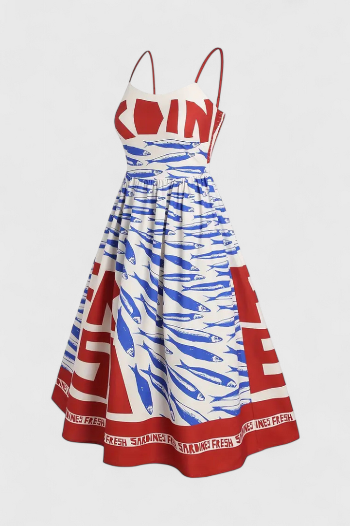 Maricela | Vestido Vintage con Tirantes y Estampado de Sardinas