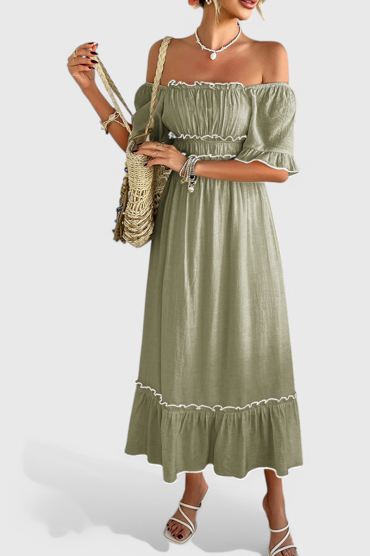 Noémie | Vestido Midi Sin Hombros con Volantes en Mezcla de Algodón