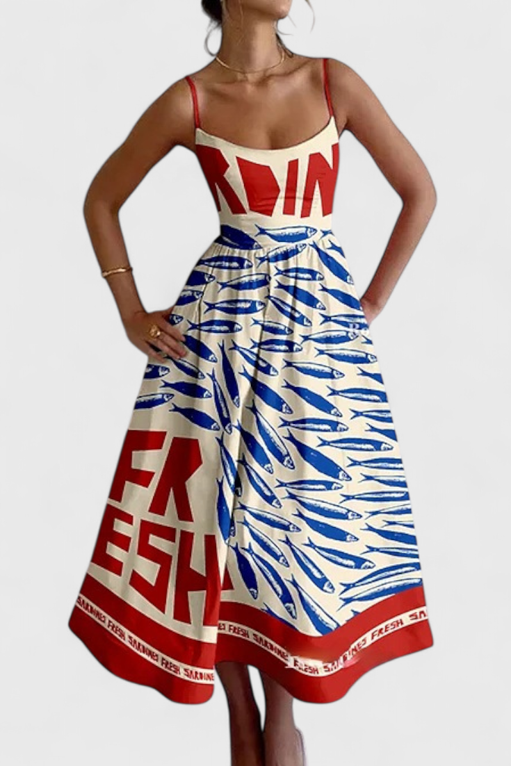 Maricela | Vestido Vintage con Tirantes y Estampado de Sardinas