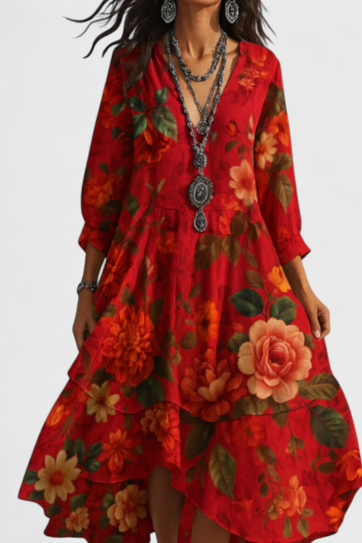 Nerea | Vestido Boho Vintage con Estampado Floral y Cuello en V
