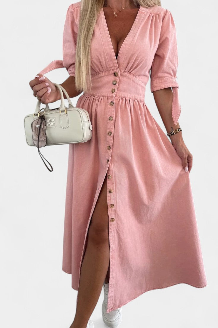 Adelina | Vestido Midi de Denim con Botones y Escote en V