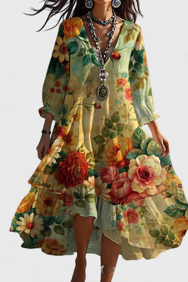 Nerea | Vestido Boho Vintage con Estampado Floral y Cuello en V