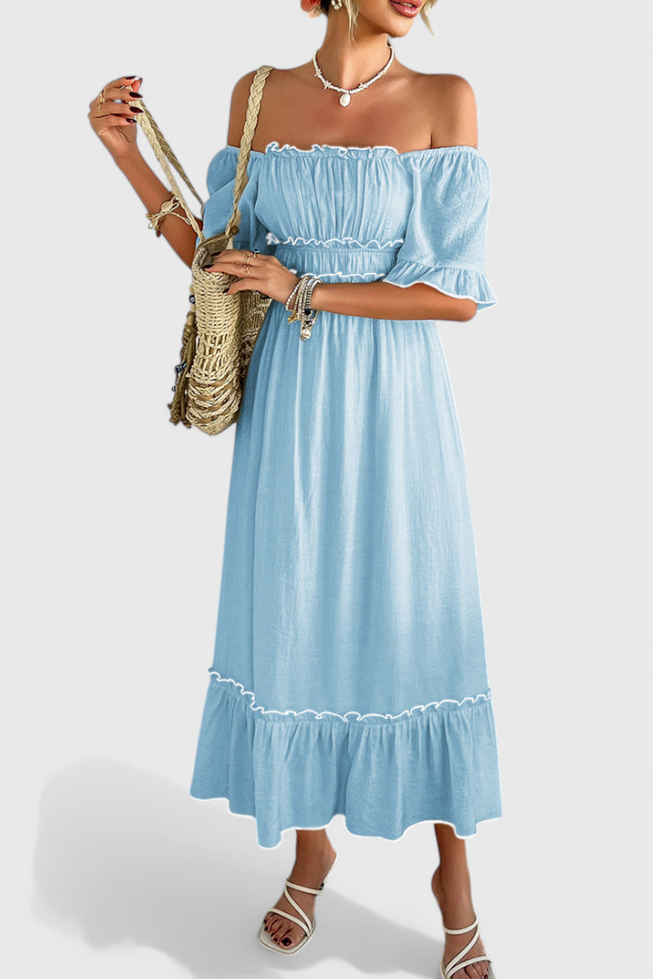Noémie | Vestido Midi Sin Hombros con Volantes en Mezcla de Algodón