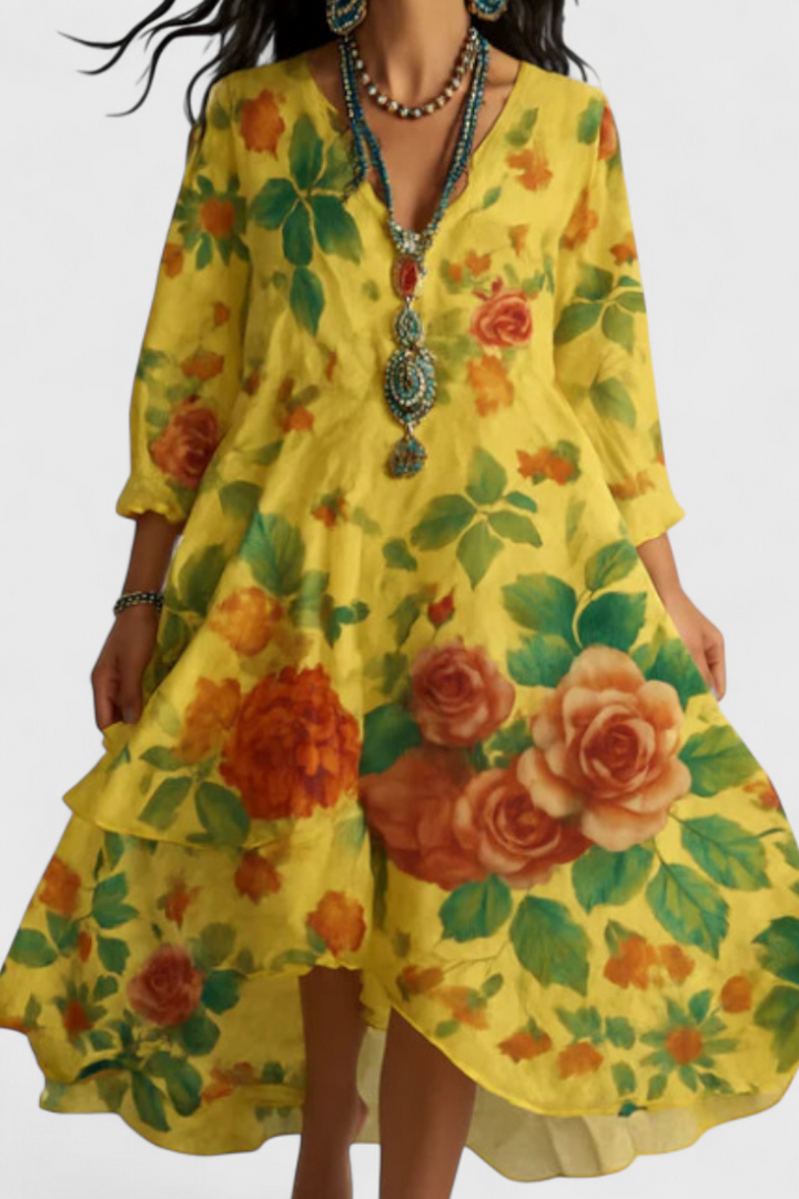 Nerea | Vestido Boho Vintage con Estampado Floral y Cuello en V