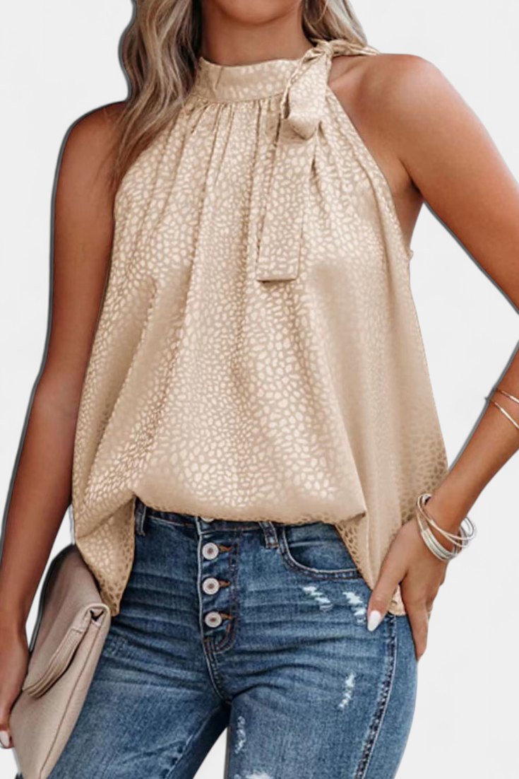 Adela | Top sin Mangas de Leopardo con Cuello Alto y Lazo