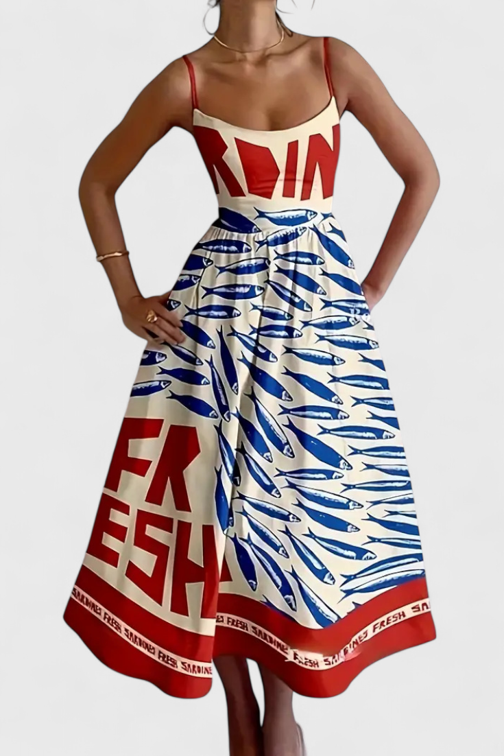 Maricela | Vestido Vintage con Tirantes y Estampado de Sardinas